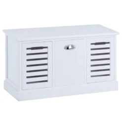Banc De Rangement TRIENT Meuble Bas Coffre Et 3 Caisses De Rangement, En MDF Et Bois De Paulownia Blanc