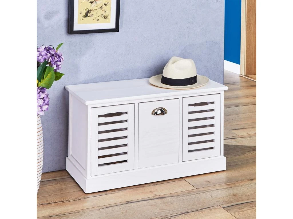 Banc De Rangement TRIENT Meuble Bas Coffre Et 3 Caisses De Rangement, En MDF Et Bois De Paulownia Blanc 2 Banc De Rangement TRIENT Meuble Bas Coffre Et 3 Caisses De Rangement, En MDF Et Bois De Paulownia Blanc – Image 2