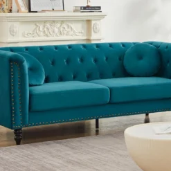 Canapé 3 Places En Velours Bleu Canard TURNER