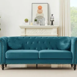 Canapé 3 Places En Velours Bleu Canard TURNER -Promos Chesteris Boutique canape 10577801
