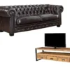 Ensemble Canapé Chesterfield 3 Places Marron BRENTON Et Meuble TV HARLEM