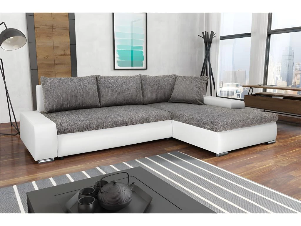 Canapé D'angle Convertible Droit 4 Places Avec Coffre Joakim Gris Et Blanc 2 Canapé D'angle Convertible Droit 4 Places Avec Coffre Joakim Gris Et Blanc – Image 2