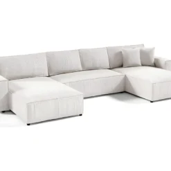 Canapé En U 5 Places Avec Coffre Isaac Velours Côtelé Blanc Cassé