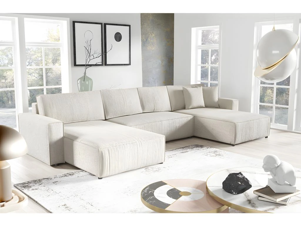 Canapé En U 5 Places Avec Coffre Isaac Velours Côtelé Blanc Cassé 2 Canapé En U 5 Places Avec Coffre Isaac Velours Côtelé Blanc Cassé – Image 2