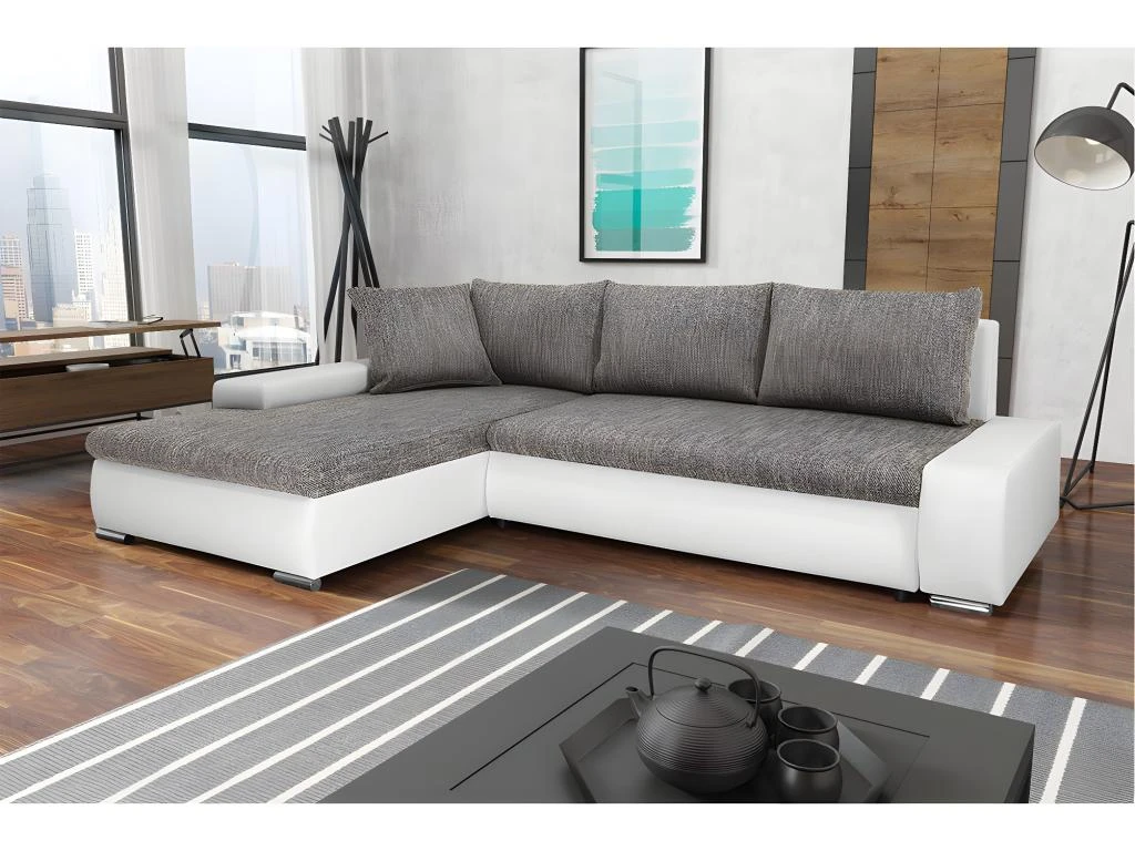 Canapé D'angle Convertible Gauche 4 Places Avec Coffre Joakim Gris Et Blanc 2 Canapé D'angle Convertible Gauche 4 Places Avec Coffre Joakim Gris Et Blanc – Image 2