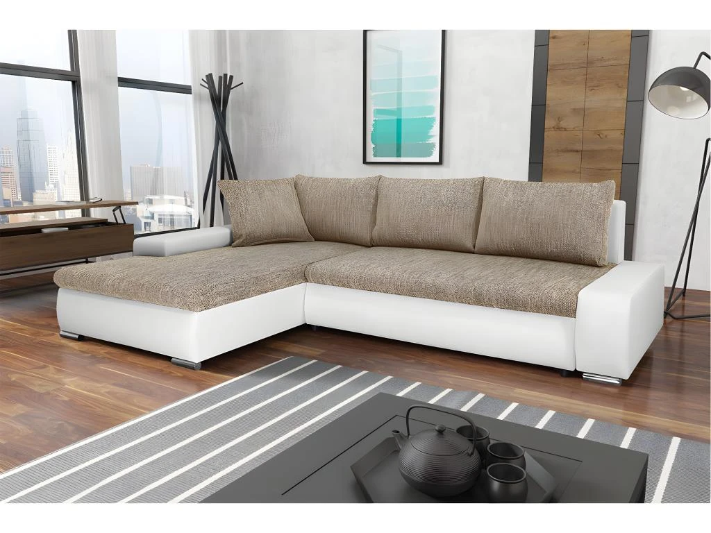 Canapé D'angle Convertible Gauche 4 Places Avec Coffre Joakim Beige Et Blanc 1 Canapé D'angle Convertible Gauche 4 Places Avec Coffre Joakim Beige Et Blanc