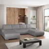Canapé D'angle Panoramique Convertible En Tissu Gris LEANZA