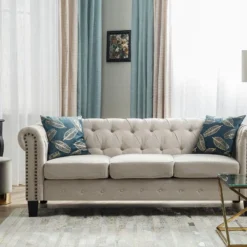 Canapé 3 Places En Tissu Beige Avec Pieds Droits CHESTERFIELD