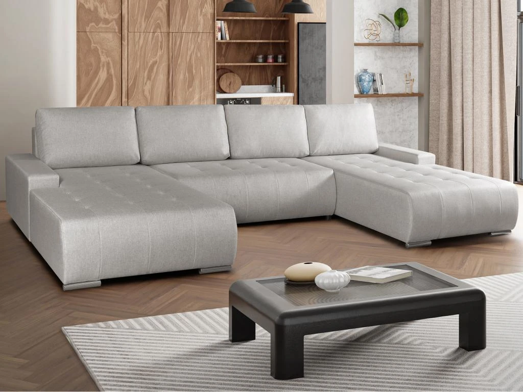 Canapé D'angle Panoramique Convertible En Tissu Beige LEANZA 8 Canapé D'angle Panoramique Convertible En Tissu Beige LEANZA – Image 8