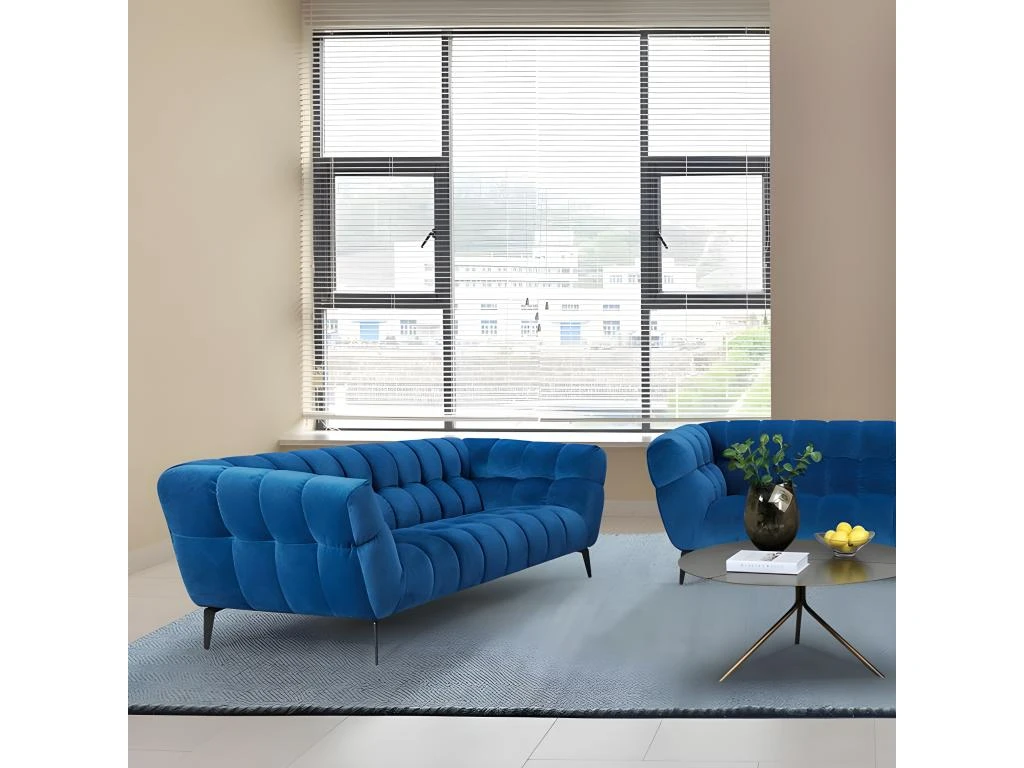 Canapé 2 Places Velours Bleu Capitonné Et Piètement Métal Noir - BRIO 2 Canapé 2 Places Velours Bleu Capitonné Et Piètement Métal Noir - BRIO – Image 2