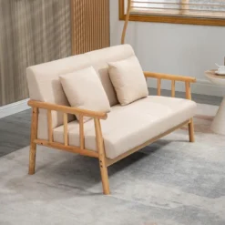 Canapé Lounge 2 Places - 2 Coussins Inclus - Assise Profonde - Accoudoirs - Structure Bois Hévéa - Aspect Lin Beige -Promos Chesteris Boutique canape 12444341