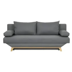 TEIJO Banquette Convertible 3 Places + Coffre De Rangement - Pieds Bois Clair - Tissu Gris Clair - L187 X P 91 X H 82 Cm