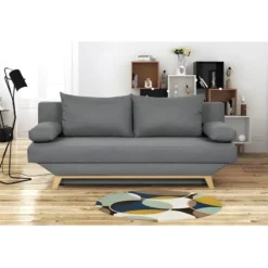 TEIJO Banquette Convertible 3 Places + Coffre De Rangement - Pieds Bois Clair - Tissu Gris Clair - L187 X P 91 X H 82 Cm -Promos Chesteris Boutique canape 12511281