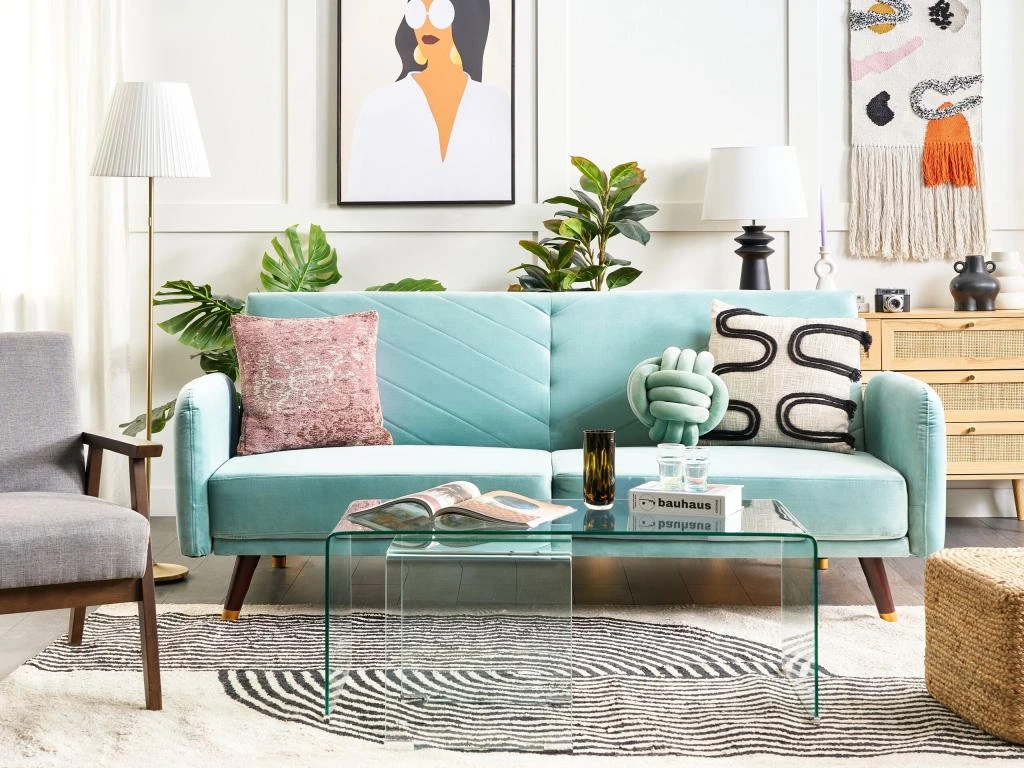 Canapé Convertible 3 Places En Velours Bleu Clair SENJA 1 Canapé Convertible 3 Places En Velours Bleu Clair SENJA