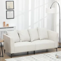 Canapé 3 Places Design Contemporain 4 Coussins Dossiers Piètement Acier Noir Revêtement Aspect Lin Crème