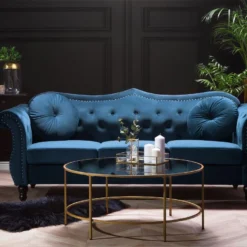 Canapé Chesterfield 3 Places En Velours Bleu SKIEN