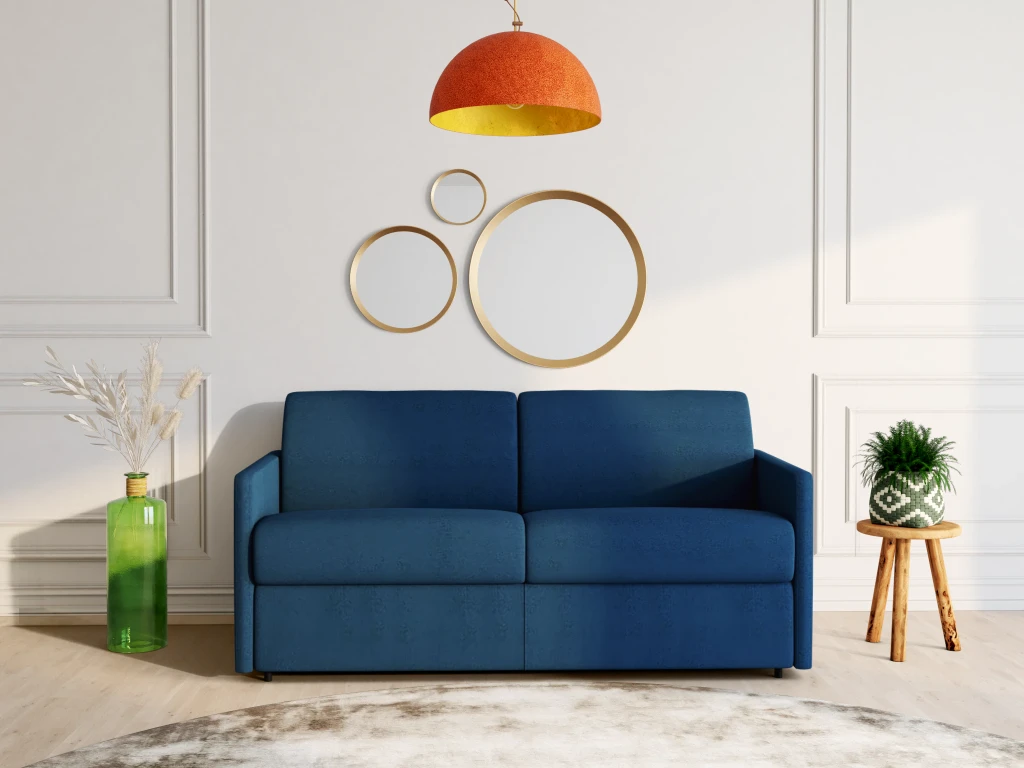 Canapé 4 Places Convertible Express En Tissu CALIFE - Bleu Foncé - Couchage à Lattes Larges 160 Cm - Matelas 14 Cm 1 Canapé 4 Places Convertible Express En Tissu CALIFE - Bleu Foncé - Couchage à Lattes Larges 160 Cm - Matelas 14 Cm