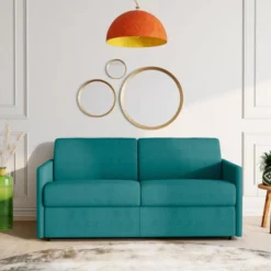 Canapé 4 Places Convertible Express En Tissu CALIFE - Turquoise - Couchage à Lattes Larges 160 Cm - Matelas 18 Cm