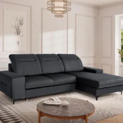 Canapé D'angle Droit Convertible En Velours Gris Anthracite SANTANA
