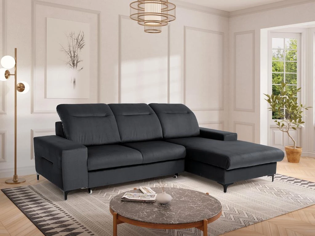 Canapé D'angle Droit Convertible En Velours Gris Anthracite SANTANA 1 Canapé D'angle Droit Convertible En Velours Gris Anthracite SANTANA