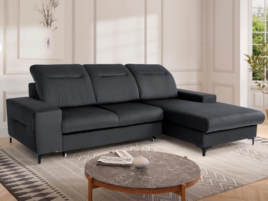 Canapé D'angle Droit Convertible En Velours Gris Anthracite SANTANA 10 Canapé D'angle Droit Convertible En Velours Gris Anthracite SANTANA – Image 10