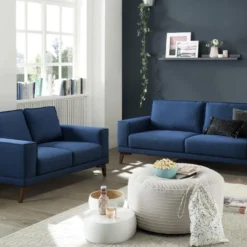 Canapé 2 Places En Tissu Bleu Nuit Avec Pieds En Bois MOSSEA