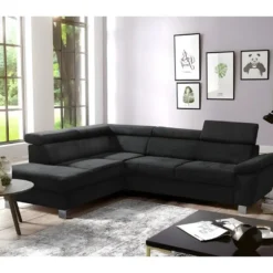 Canapé D'angle En Tissu Velours Luxe 5 Places LUGO Noir, Angle Gauche