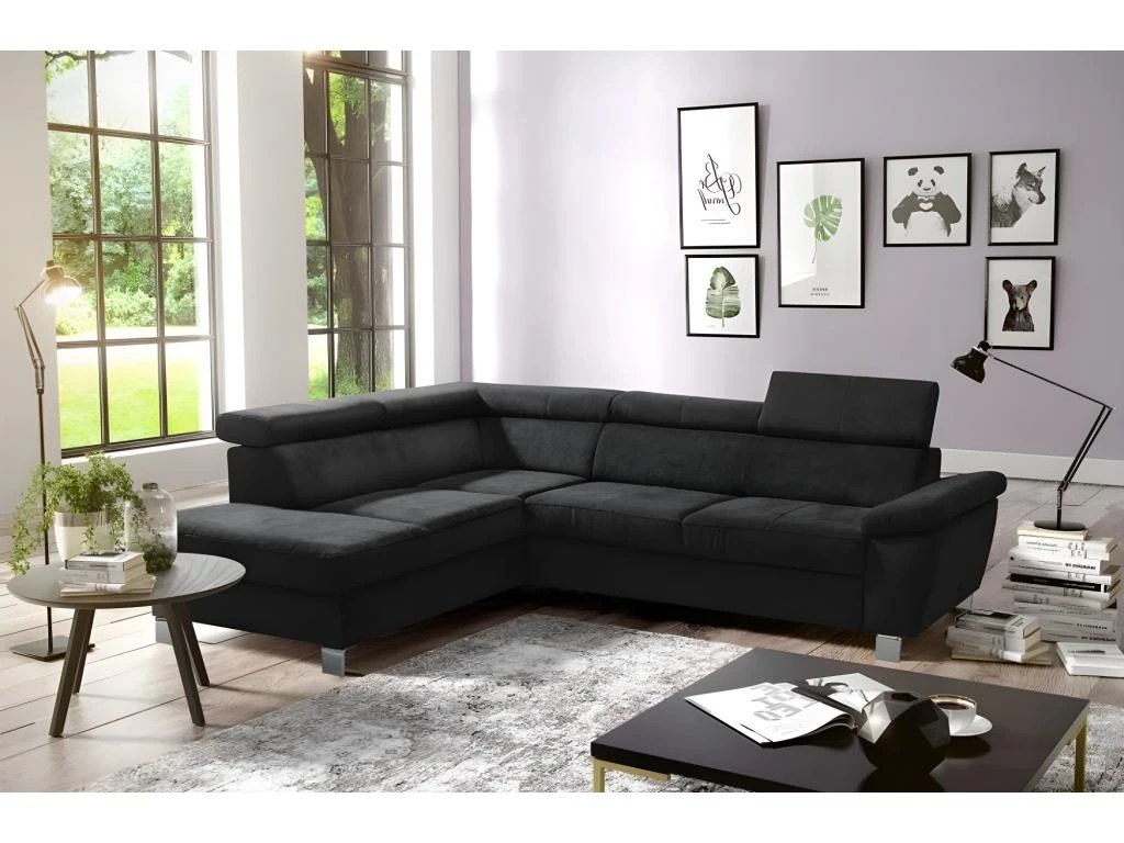 Canapé D'angle En Tissu Velours Luxe 5 Places LUGO Noir, Angle Gauche 1 Canapé D'angle En Tissu Velours Luxe 5 Places LUGO Noir, Angle Gauche