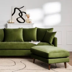 Villabon - Canapé Convertible 3 Places En Velours Pieds Bois Foncé - Couleur - Vert Olive -Promos Chesteris Boutique canape 13282175