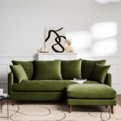 Villabon - Canapé Convertible 3 Places En Velours Pieds Bois Foncé - Couleur - Vert Olive -Promos Chesteris Boutique canape 13282177