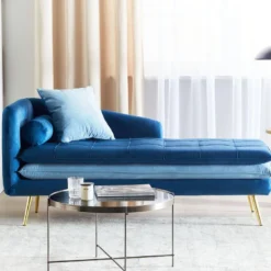 Chaise Longue Côté Gauche En Velours Bleu Et Pieds Dorés GONESSE