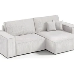 Canapé D'angle Réversible Et Convertible 3 Places Avec Coffre Isaac Mini Velours Côtelé Blanc Cassé