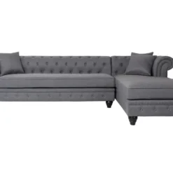 Canapé D'angle Capitonné Style Chesterfield Roosevelt Tissu Gris Foncé