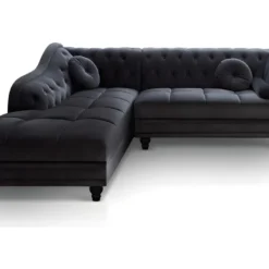 Canapé D'angle Brittish Velours Noir Style Chesterfield