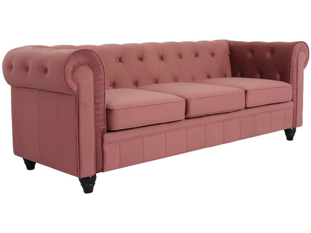 Grand Canapé 3 Places Chesterfield Velours Rose 2 Grand Canapé 3 Places Chesterfield Velours Rose – Image 2