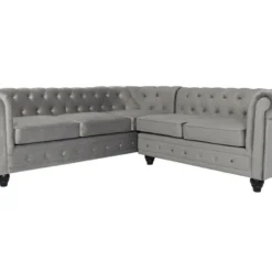 Canapé D'angle Capitonné Style Chesterfield Gustave Velours Argent
