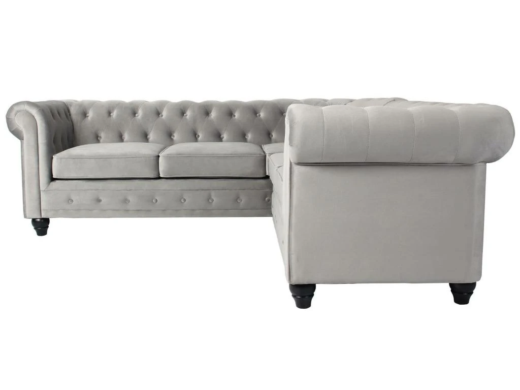 Canapé D'angle Capitonné Style Chesterfield Gustave Velours Argent 2 Canapé D'angle Capitonné Style Chesterfield Gustave Velours Argent – Image 2