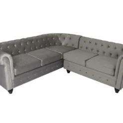 Canapé D'angle Capitonné Style Chesterfield Gustave Velours Argent 8 Canapé D'angle Capitonné Style Chesterfield Gustave Velours Argent -Promos Chesteris Boutique canape 13689415