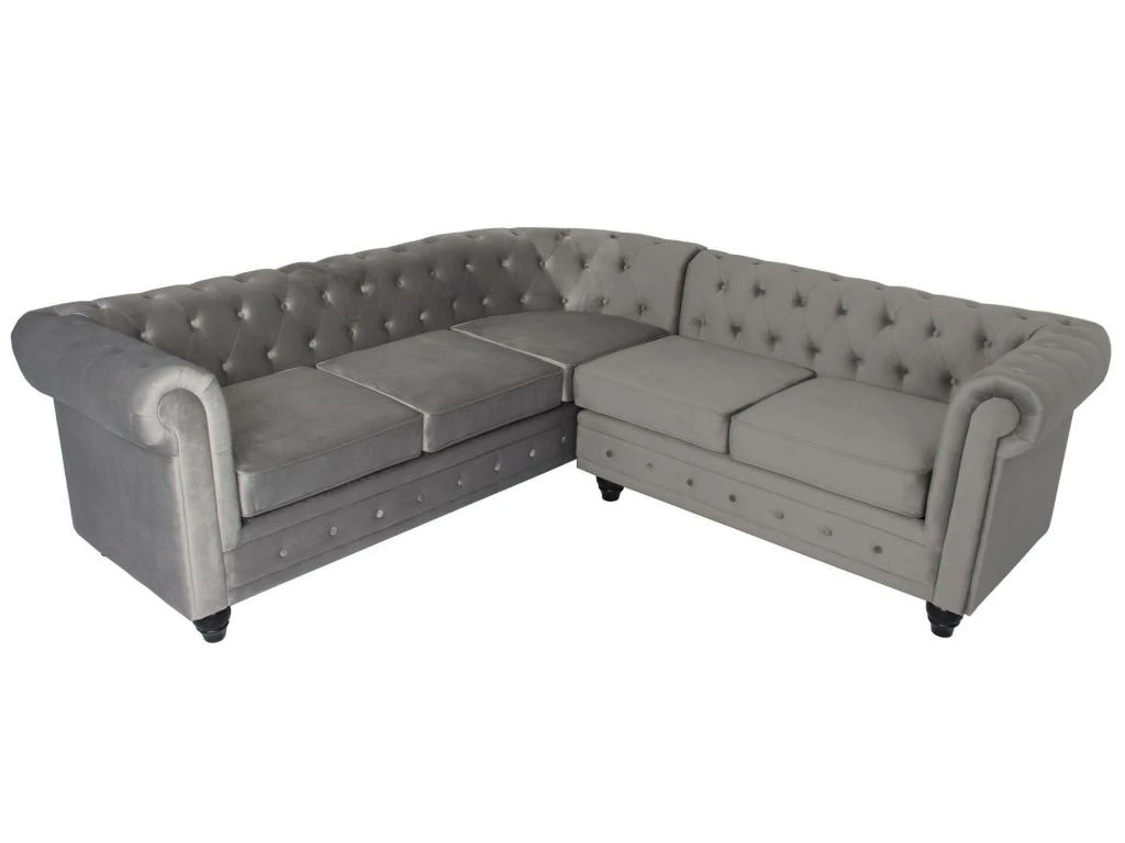 Canapé D'angle Capitonné Style Chesterfield Gustave Velours Argent 4 Canapé D'angle Capitonné Style Chesterfield Gustave Velours Argent – Image 4