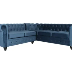 Canapé D'angle Capitonné Style Chesterfield Gustave Velours Bleu