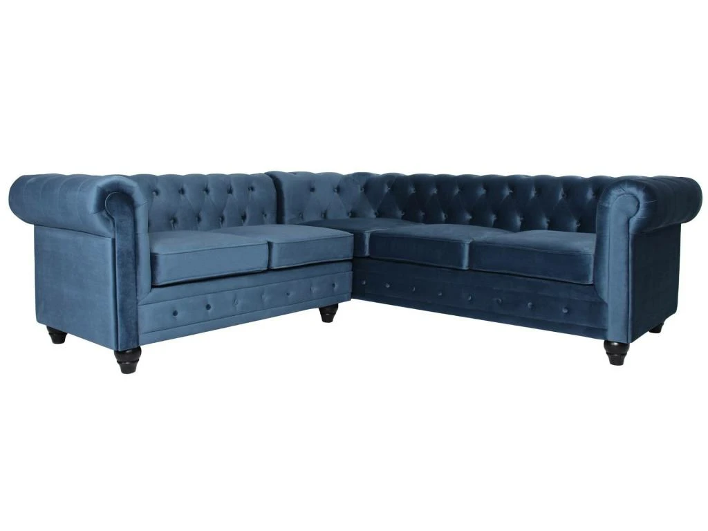Canapé D'angle Capitonné Style Chesterfield Gustave Velours Bleu 1 Canapé D'angle Capitonné Style Chesterfield Gustave Velours Bleu