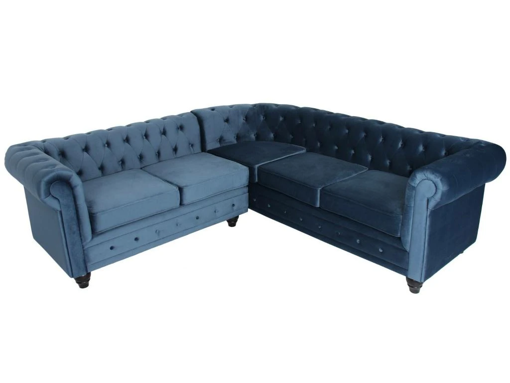 Canapé D'angle Capitonné Style Chesterfield Gustave Velours Bleu 4 Canapé D'angle Capitonné Style Chesterfield Gustave Velours Bleu – Image 4