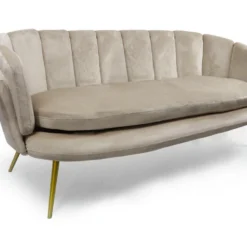 Canapé 3 Places Arrondi Brenda Velours Taupe Pieds Or