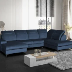 Canapé D'angle Panoramique Droit Convertible En Velours Bleu Nuit SANTANA