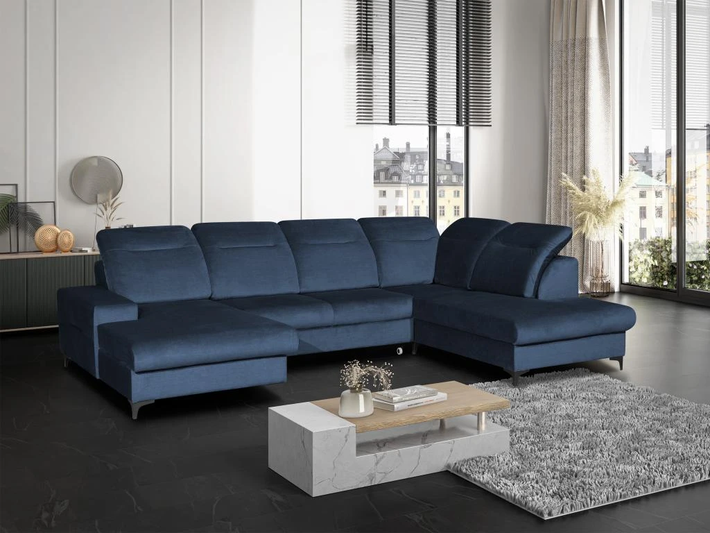 Canapé D'angle Panoramique Droit Convertible En Velours Bleu Nuit SANTANA 1 Canapé D'angle Panoramique Droit Convertible En Velours Bleu Nuit SANTANA