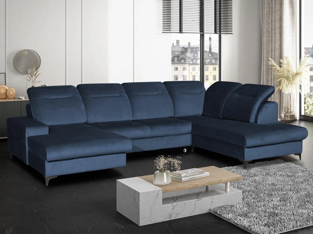 Canapé D'angle Panoramique Droit Convertible En Velours Bleu Nuit SANTANA 7 Canapé D'angle Panoramique Droit Convertible En Velours Bleu Nuit SANTANA – Image 7