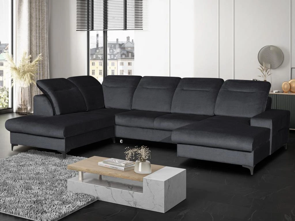 Canapé D'angle Panoramique Droit Convertible En Velours Bleu Nuit SANTANA 8 Canapé D'angle Panoramique Droit Convertible En Velours Bleu Nuit SANTANA – Image 8