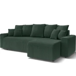 Canapé D'angle Réversible Convertible 4 Places En Velours Côtelé Vert Avec Coffre De Rangement - Lucia