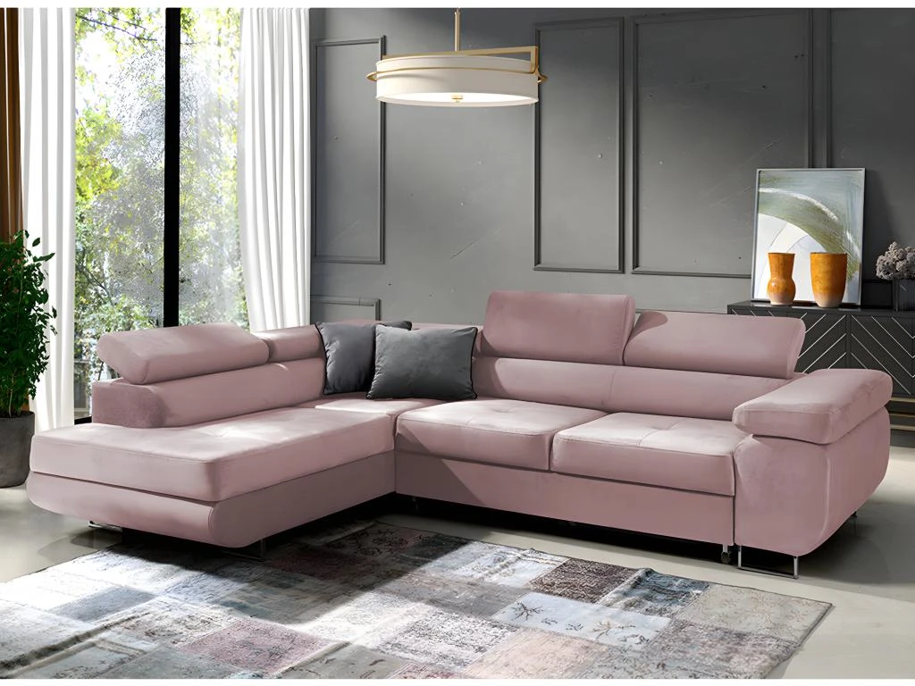 Canapé D'angle Convertible Gauche 4 Places Wilson Velours Rose 2 Canapé D'angle Convertible Gauche 4 Places Wilson Velours Rose – Image 2