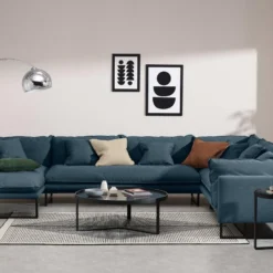 Canapé D'angle Panoramique En Tissu Bleu LESPI